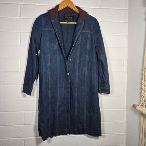 Vtg Denim Dark Wash Jean Duster Coat Jacket Brown Knit Collar XS Classic Capsule